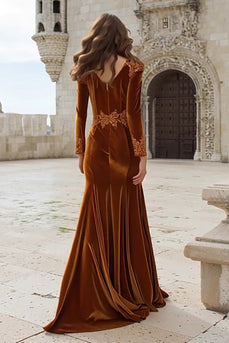 Caramel Velvet Mermaid Appliqued Maxi Holiday Party Dress