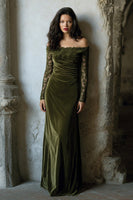 Load image into Gallery viewer, Olive Off the Shoulder Velvet Mermaid Long Holiday Party Dress