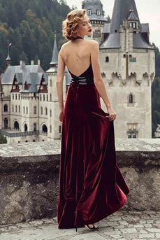 Burgundy Halter Mermaid Velvet Maxi Holiday Party Dress with Bow