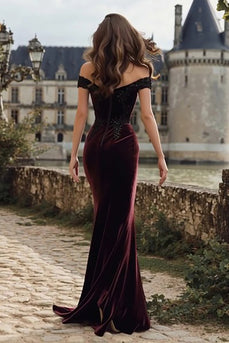Burgundy Velvet Mermaid Appliqued Maxi Holiday Party Dress with Slit