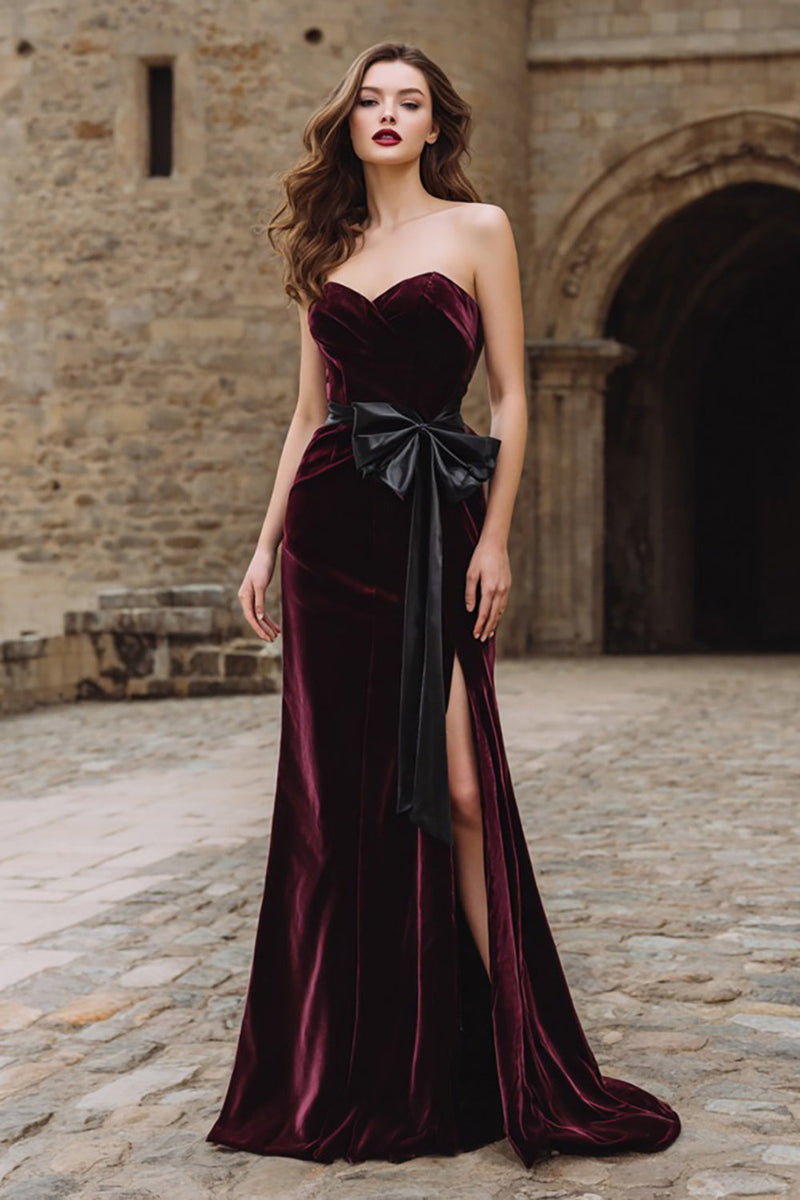 Load image into Gallery viewer, Burgundy Velvet Mermaid Maxi Strapless Holiday Party Dress with Bow