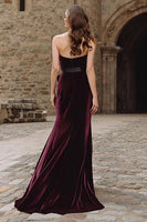 Load image into Gallery viewer, Burgundy Velvet Mermaid Maxi Strapless Holiday Party Dress with Bow