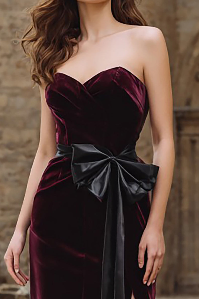 Load image into Gallery viewer, Burgundy Velvet Mermaid Maxi Strapless Holiday Party Dress with Bow