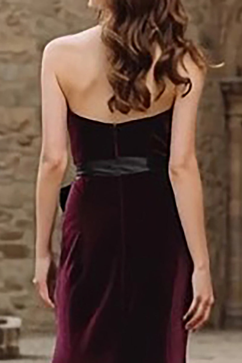 Load image into Gallery viewer, Burgundy Velvet Mermaid Maxi Strapless Holiday Party Dress with Bow