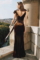 Load image into Gallery viewer, Brown Mermaid Velvet Maxi Holiday Party Dress with Bow
