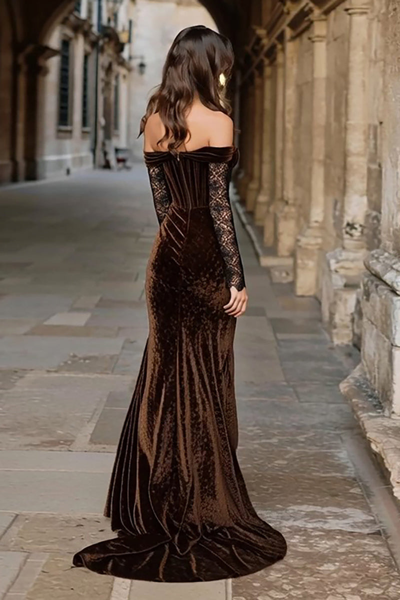 Load image into Gallery viewer, Brown Mermaid Velvet Long Corset Holiday Party Dress