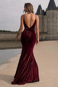 Burgundy Spaghetti Straps Mermaid Velvet Maxi Holiday Party Dress