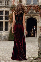 Load image into Gallery viewer, Burgundy Round Neck Mermaid Velvet Maxi Holiday Party Dress with Lace