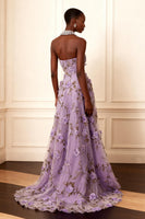 Load image into Gallery viewer, Purple A Line Strapless Floral Corset Long Prom Dress