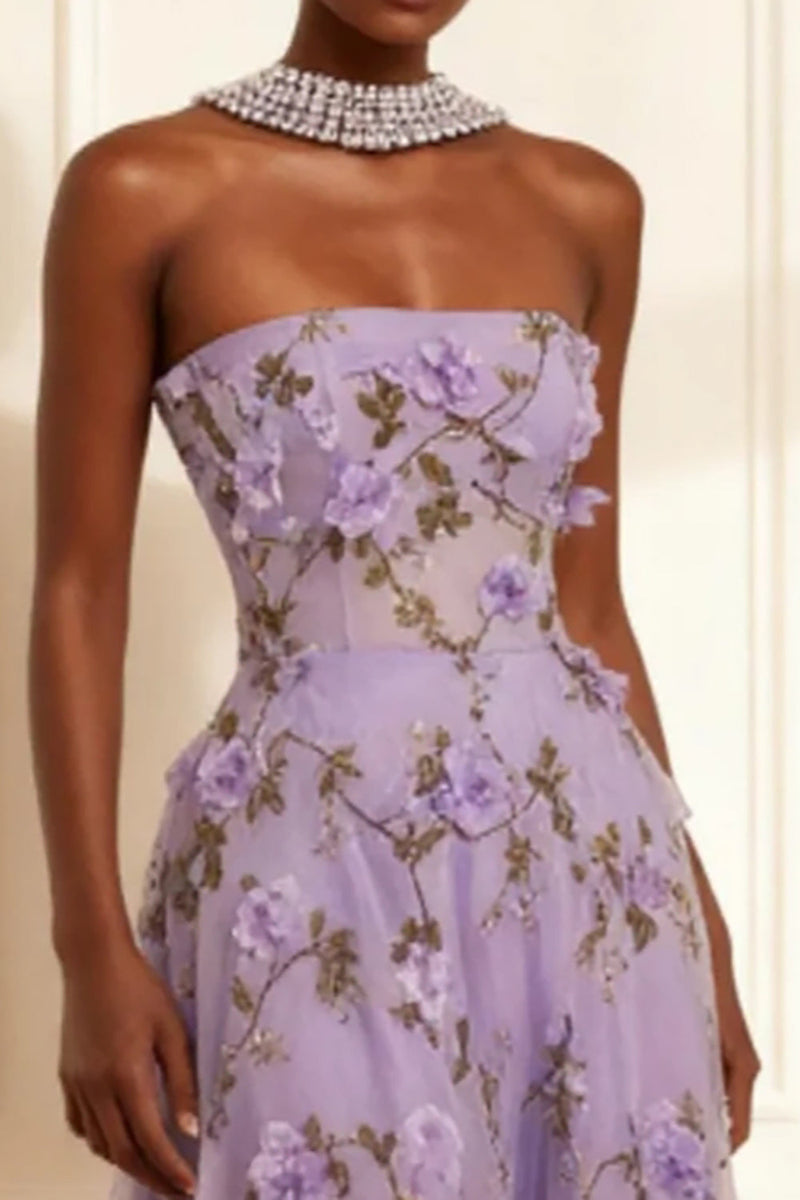 Load image into Gallery viewer, Purple A Line Strapless Floral Corset Long Prom Dress