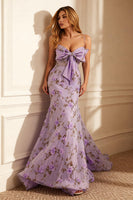 Load image into Gallery viewer, Floral Purple Embroidery Mermaid Long Prom Dress with Bow