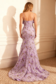 Floral Purple Embroidery Mermaid Long Prom Dress with Bow