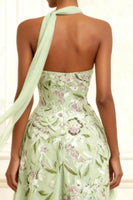 Load image into Gallery viewer, Floral Dusty Sage A Line Tulle Neck Scarf Long Prom Dress with Slit