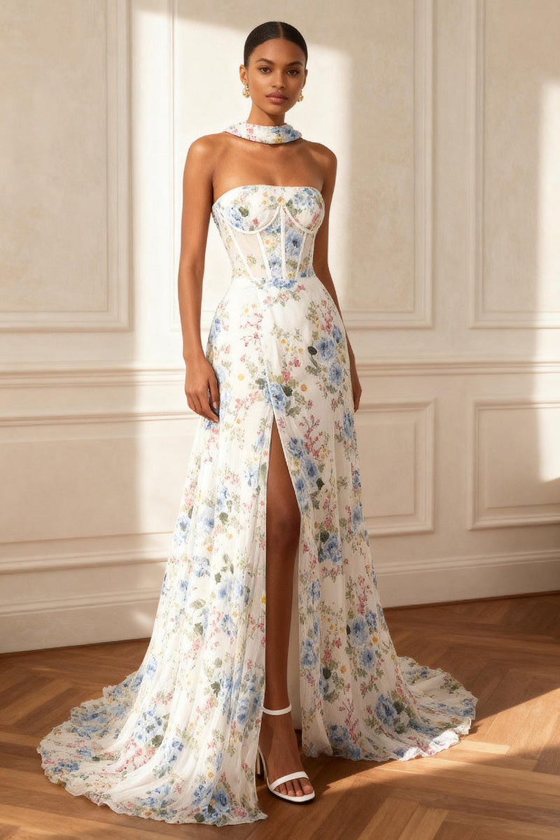 Load image into Gallery viewer, White Floral A Line Neck Scarf Long Corset Prom Dress with Slit