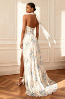 Load image into Gallery viewer, White Floral A Line Neck Scarf Long Corset Prom Dress with Slit