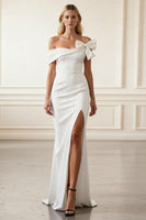 Load image into Gallery viewer, White Satin Off The Shoulder Mermaid Long Prom Dress with Bow