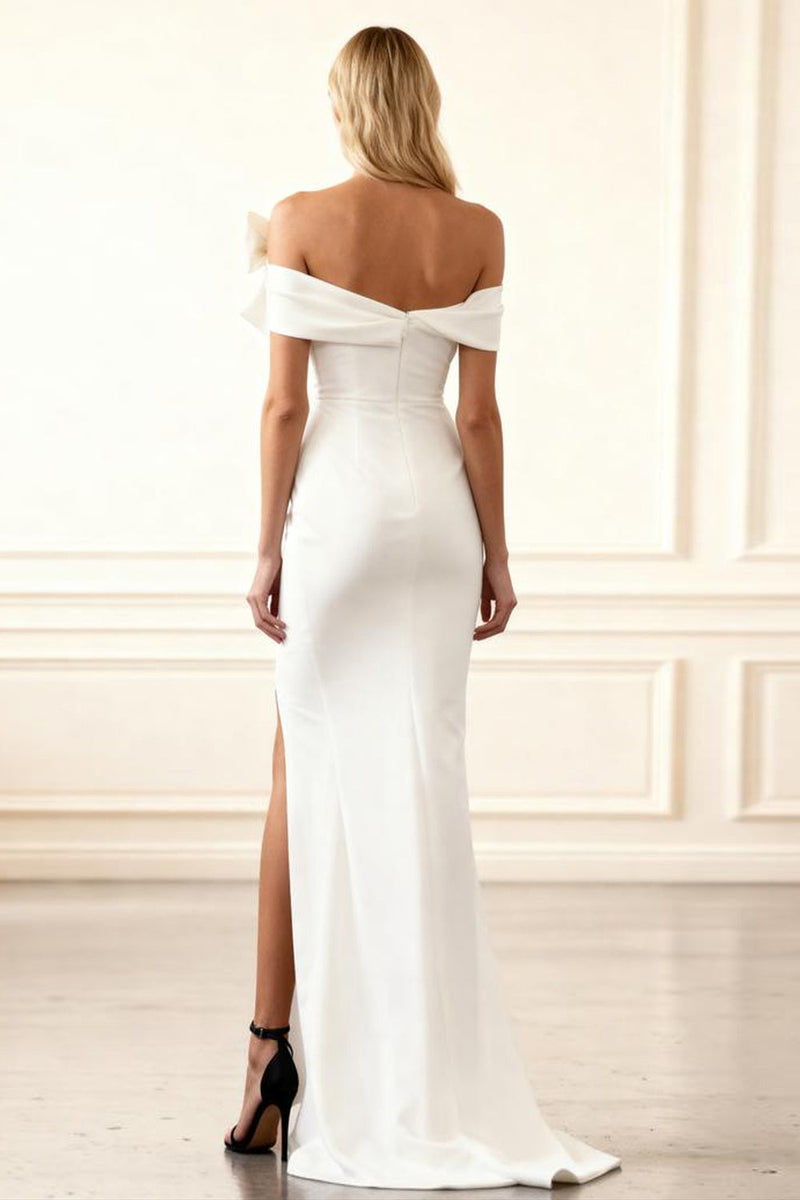 Load image into Gallery viewer, White Satin Off The Shoulder Mermaid Long Prom Dress with Bow