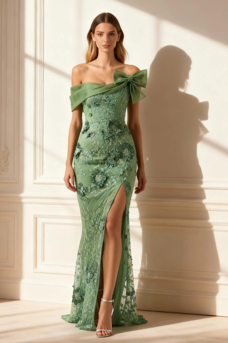 Load image into Gallery viewer, Floral Eucalyptus Off The Shoulder Mermaid Long Prom Dress with Slit