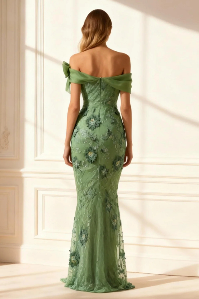 Queendancer Women Eucalyptus Floral Long Prom Dress with Slit Mermaid Off  The Shoulder Embroidery Beaded Formal Dress with Bow – queendanceruk