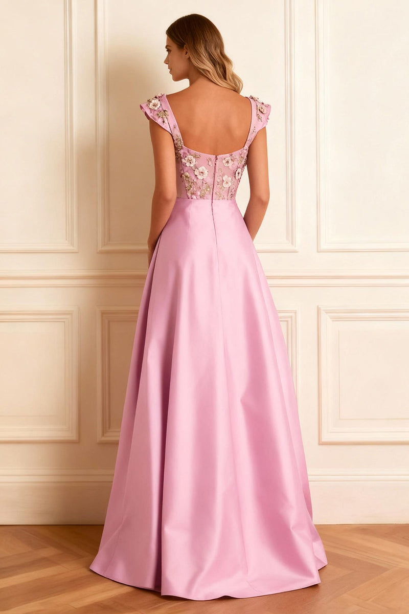 Load image into Gallery viewer, Floral Candy Pink A Line Satin Long Corset Prom Dress with Slit