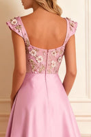Load image into Gallery viewer, Floral Candy Pink A Line Satin Long Corset Prom Dress with Slit