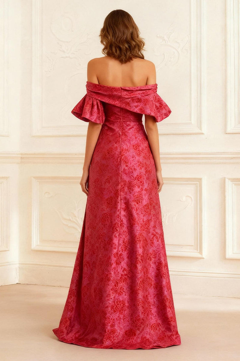 Load image into Gallery viewer, Rust Sheath Off the Shoulder Jacquard Long Prom Dress with Slit