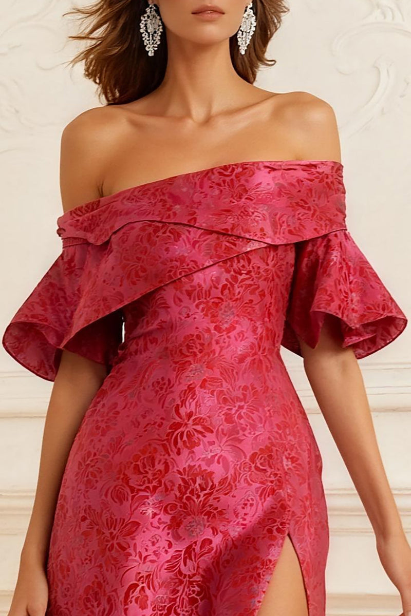 Load image into Gallery viewer, Rust Sheath Off the Shoulder Jacquard Long Prom Dress with Slit