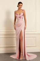 Load image into Gallery viewer, Floral Dusty Rose Sheath Ruched Satin Long Prom Dress with Slit