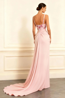 Floral Dusty Rose Sheath Ruched Satin Long Prom Dress with Slit