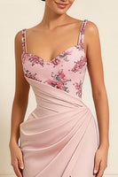 Load image into Gallery viewer, Floral Dusty Rose Sheath Ruched Satin Long Prom Dress with Slit