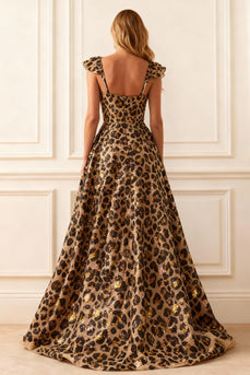 Sparkly Khaki Leopard Corset A Line Long Prom Dress with Slit
