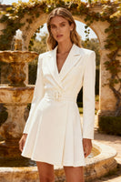 Load image into Gallery viewer, White Peak Lapel Short Ruched Blazer Wedding Dress with Belt