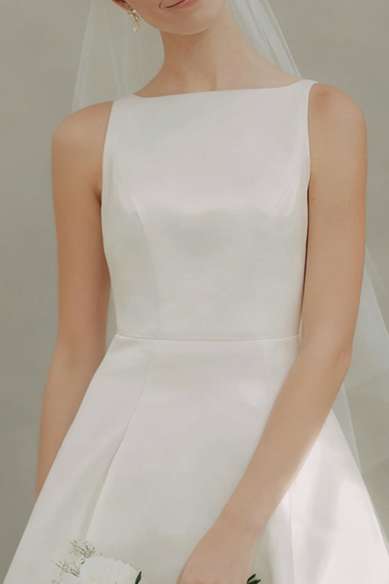 Load image into Gallery viewer, White A Line Bateau Neck Satin Short Wedding Dress