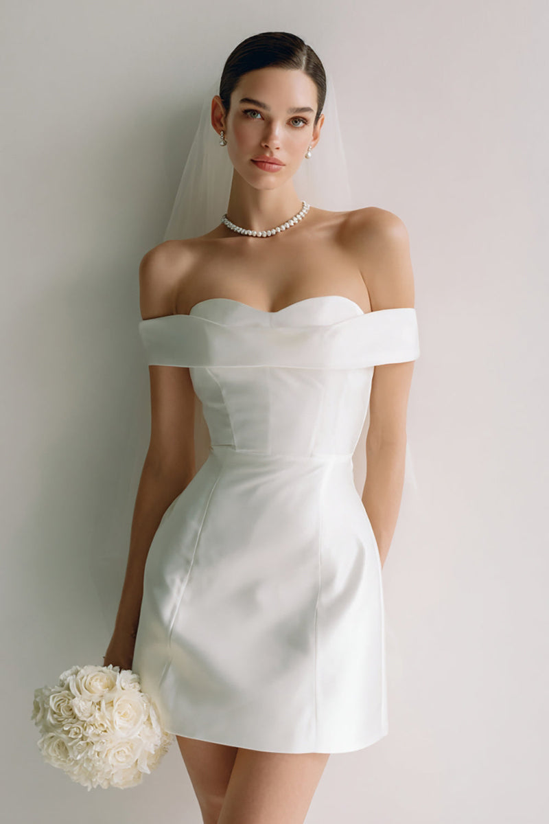 Load image into Gallery viewer, White Off the Shoulder Bodycon Satin Short Wedding Dress