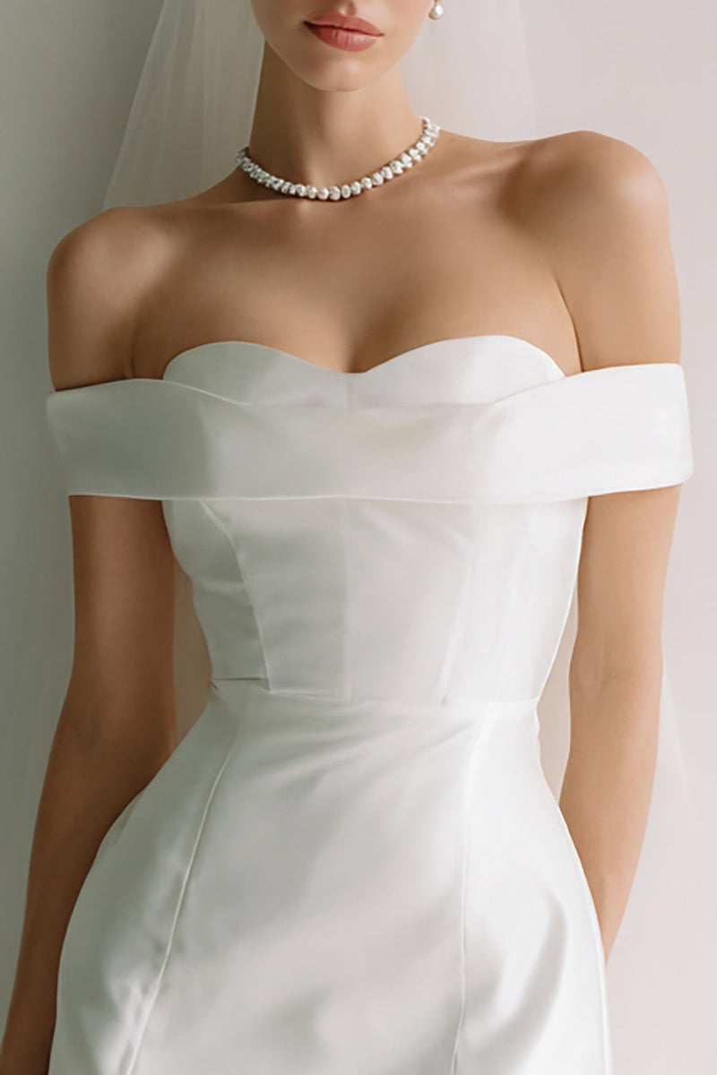 Load image into Gallery viewer, White Off the Shoulder Bodycon Satin Short Wedding Dress