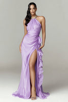 Load image into Gallery viewer, Sparkly Lilac Halter Mermaid Ruffled Long Formal Dress with Slit