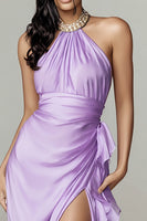 Load image into Gallery viewer, Sparkly Lilac Halter Mermaid Ruffled Long Formal Dress with Slit