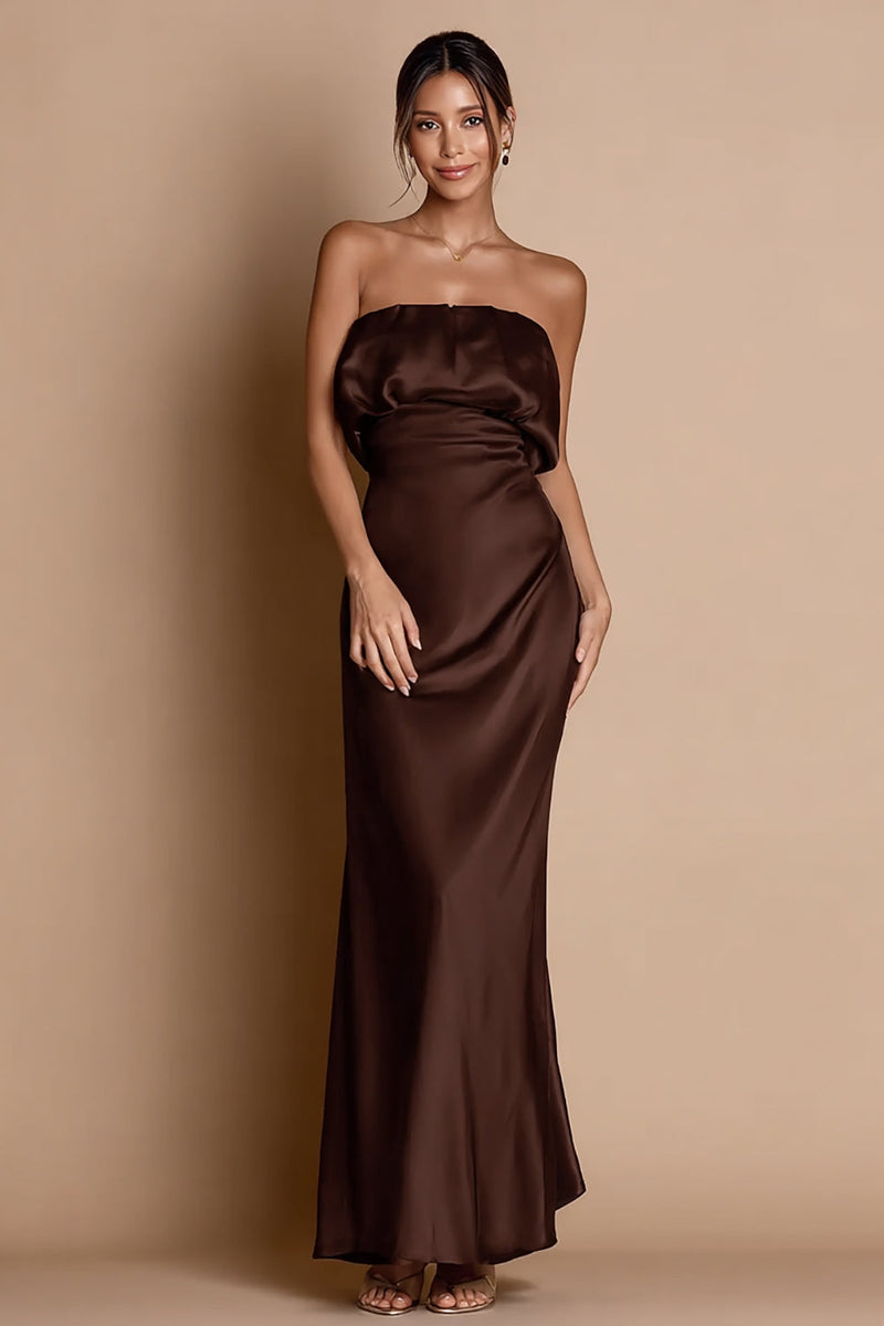 Load image into Gallery viewer, Coffee Strapless Mermaid Satin Long Formal Dress