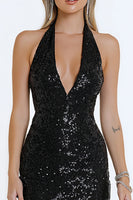 Load image into Gallery viewer, Sparkly Black Sequin Bodycon Halter Short Cocktail Dress