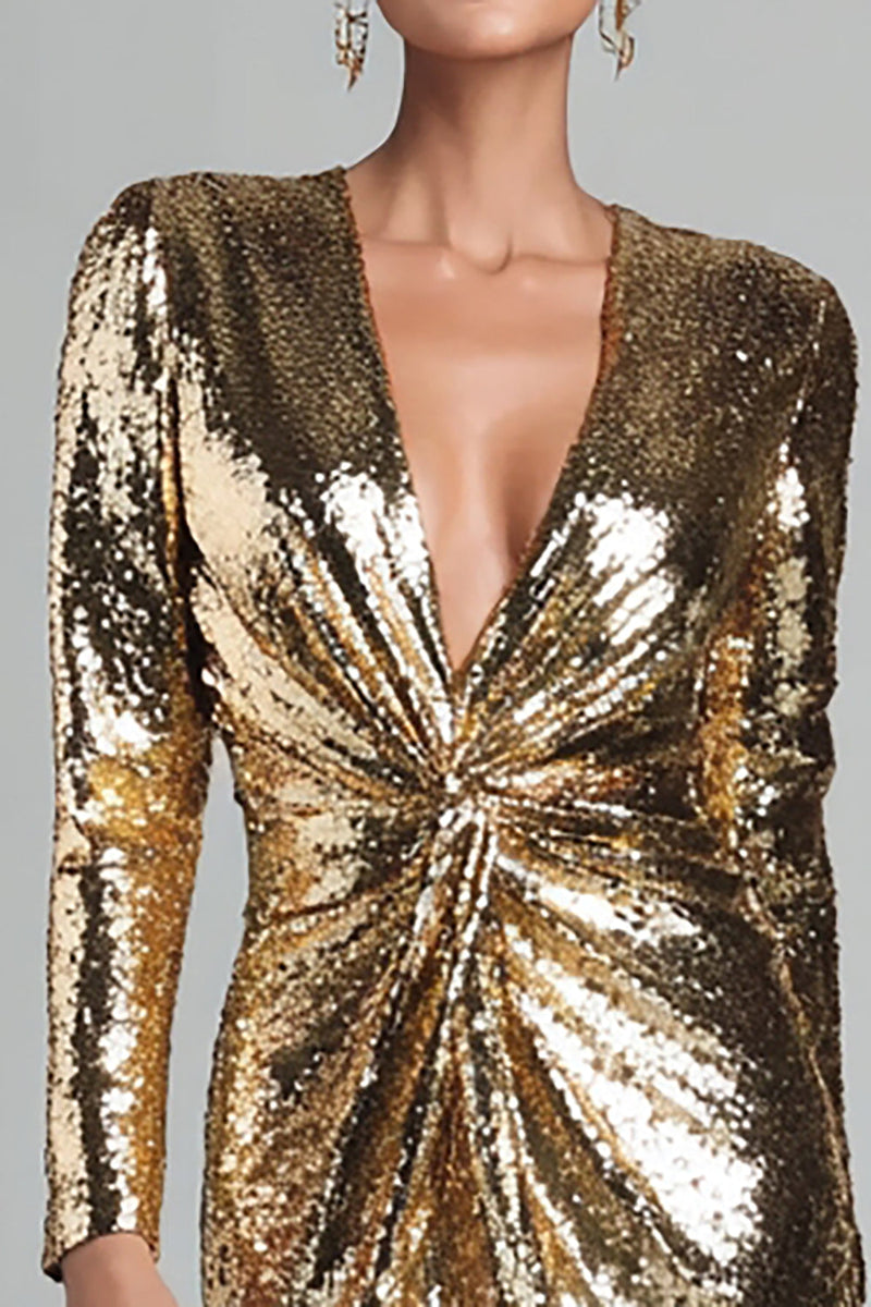 Load image into Gallery viewer, Sparkly Gold V Neck Ruched Short Sequin Cocktail Dress with Sleeves