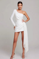 Load image into Gallery viewer, Sparkly White One Shoulder Sequin Bodycon Short Cocktail Dress with Side Cape