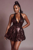 Load image into Gallery viewer, Sparkly Burgundy Halter Sequin Short Cocktail Dress