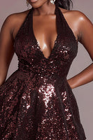 Load image into Gallery viewer, Sparkly Burgundy Halter Sequin Short Cocktail Dress
