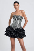Load image into Gallery viewer, Sparkly Black and Grey Strapless Ruffled A Line Short Cocktail Dress