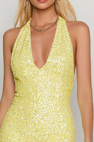 Load image into Gallery viewer, Sparkly Yellow Halter Bodycon Sequin Short Cocktail Dress