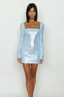 Load image into Gallery viewer, Sparkly Sky Blue Bodycon Sequin Short Cocktail Dress with Sleeves