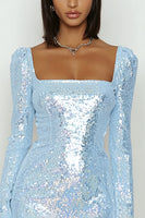 Load image into Gallery viewer, Sparkly Sky Blue Bodycon Sequin Short Cocktail Dress with Sleeves