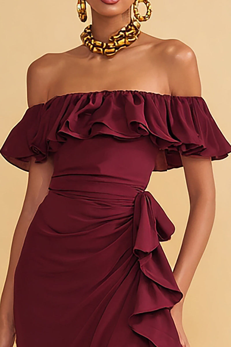 Load image into Gallery viewer, Burgundy Ruffled Off the Shoulder Sheath Long Formal Dress with Slit