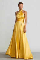 Load image into Gallery viewer, Yellow Halter A Line Satin Long Formal Dress