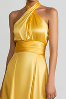 Load image into Gallery viewer, Yellow Halter A Line Satin Long Formal Dress